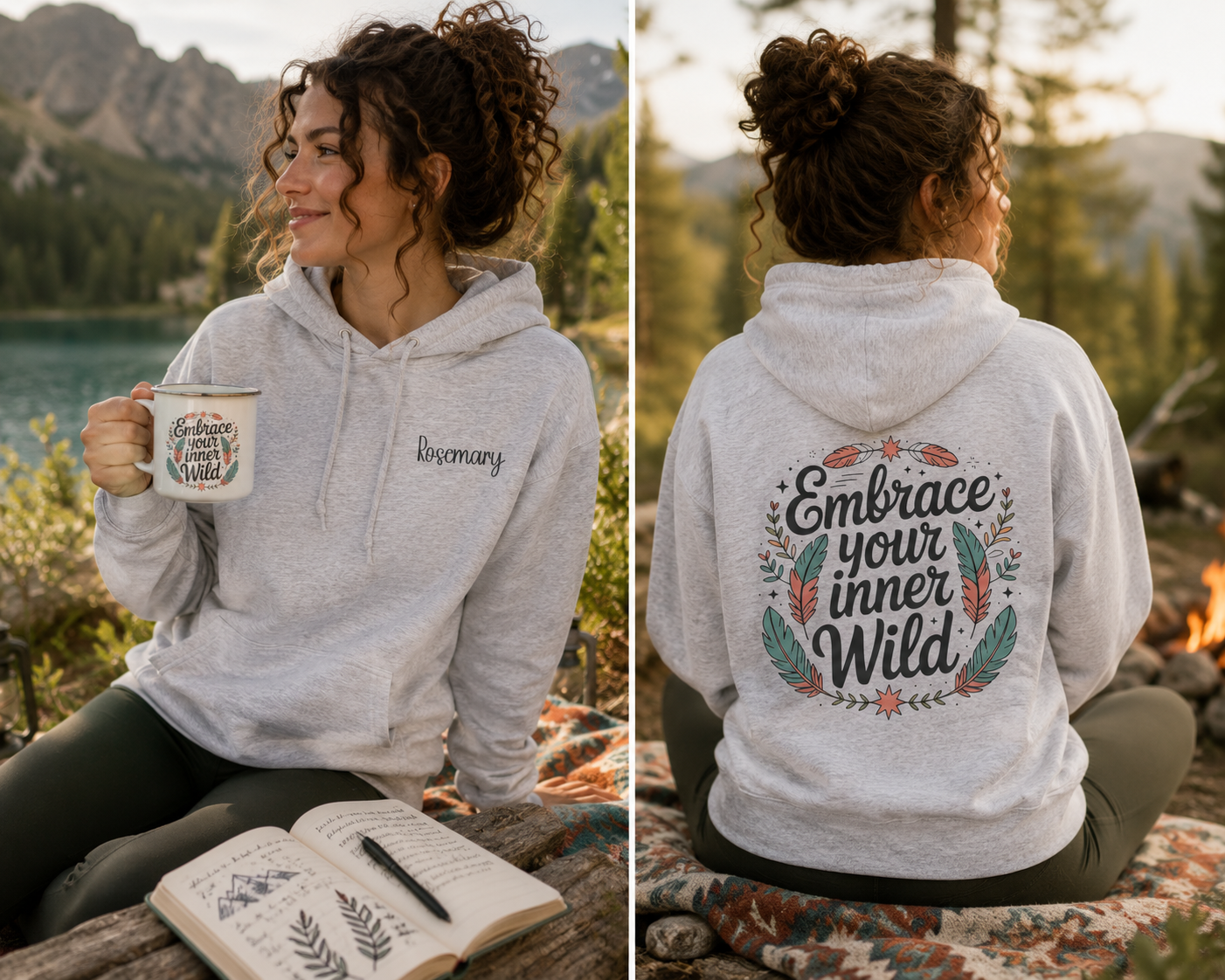 Woman wearing the personalized hoodie, front view with name on the chest and back view showing the design