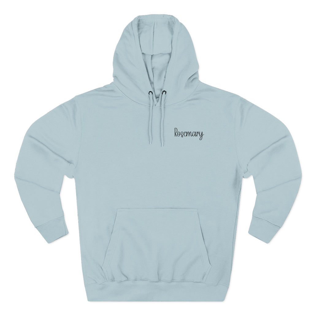 Back view of blue mist hoodie with “Embrace Your Inner Wild” design