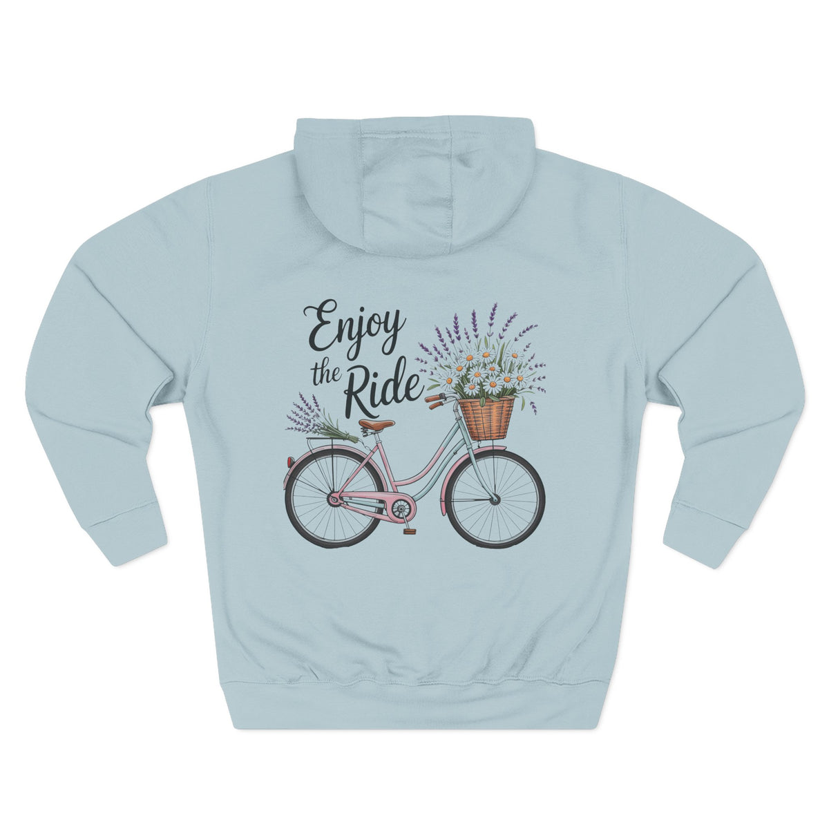 Blue Mist personalized hoodie, back view, with “Enjoy the Ride” design