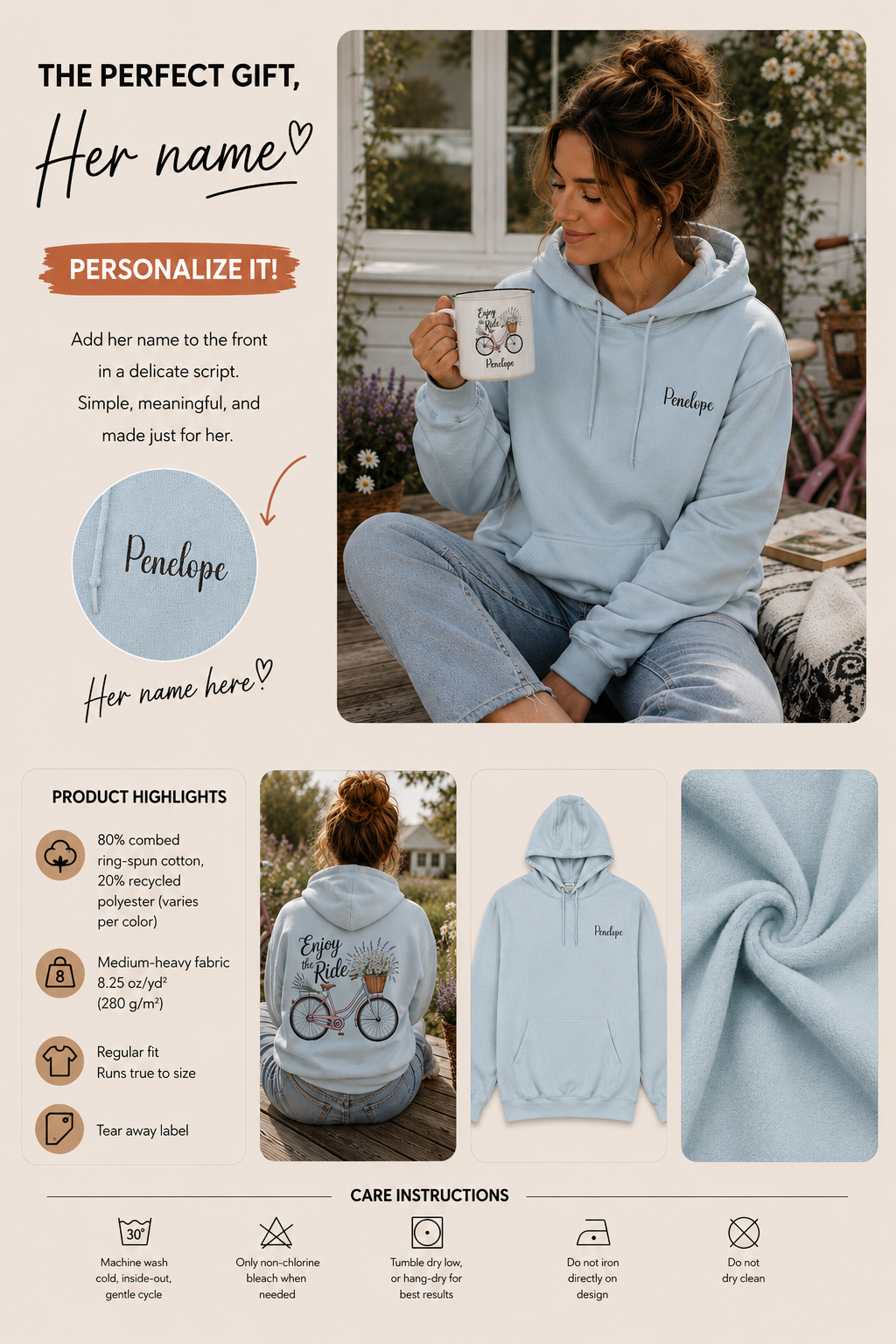 Product information graphic showing personalization placement, fabric details, and care instructions