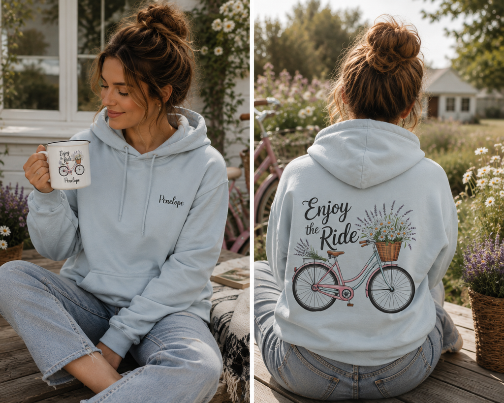 Woman wearing the personalized hoodie, front view with name on the chest and back view showing the design
