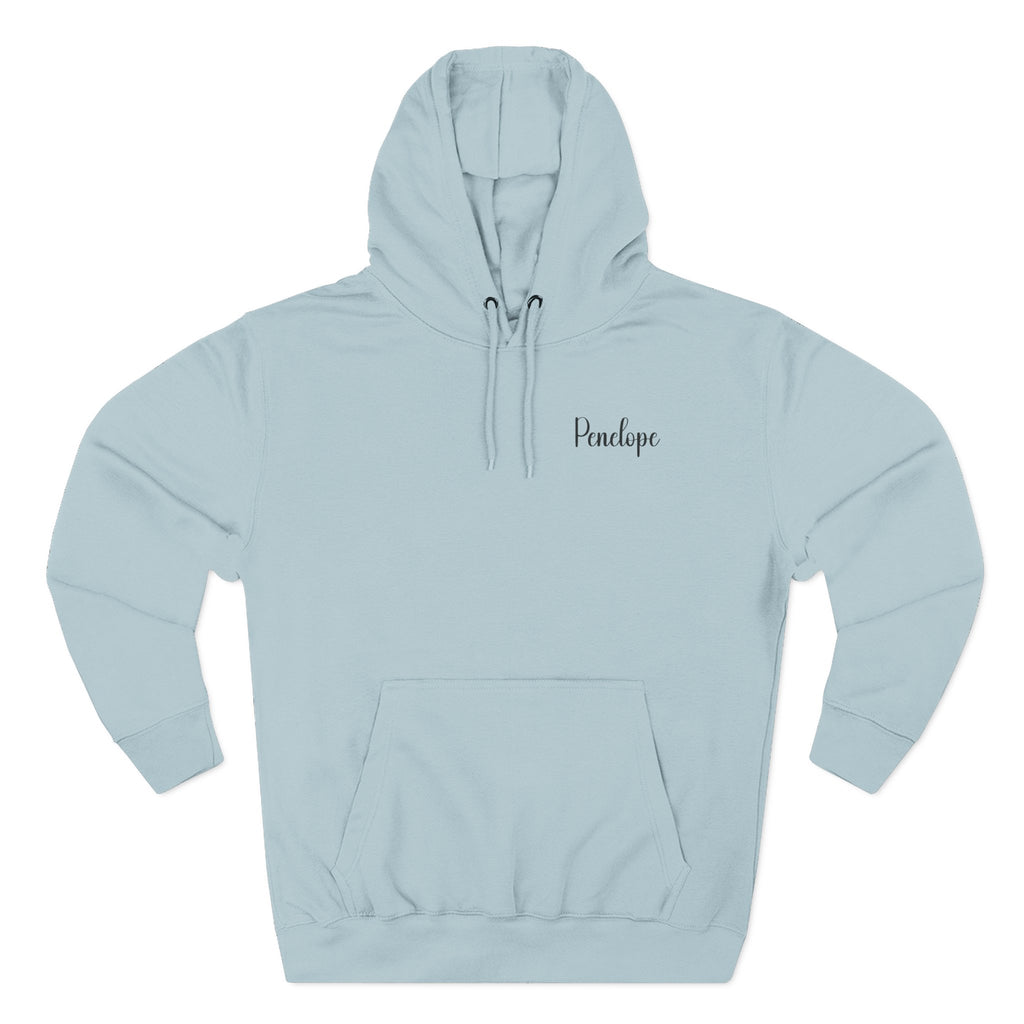 Front view of blue mist hoodie with customizable name embroidered on the chest