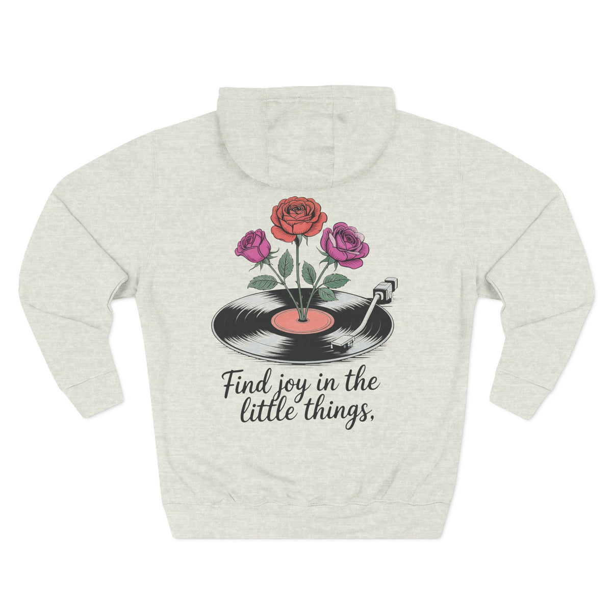 Oatmeal heather personalized hoodie, back view, with “Find Joy in the Little Things” design