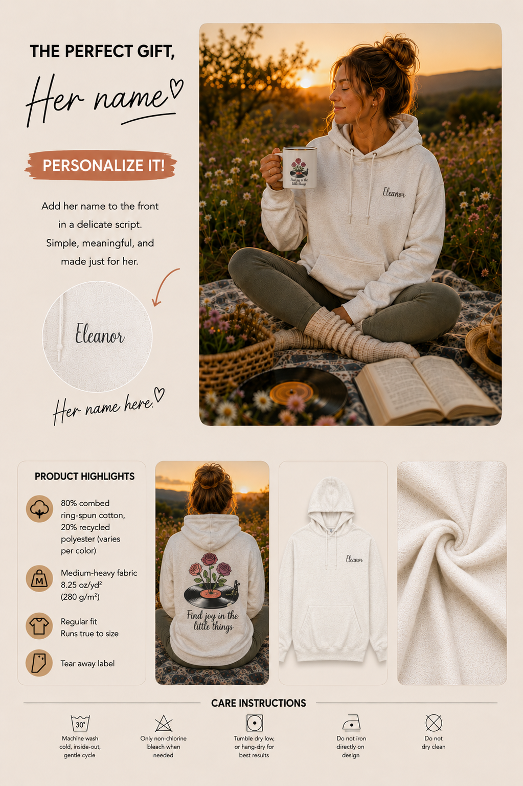Product information graphic showing personalization placement, fabric details, and care instructions