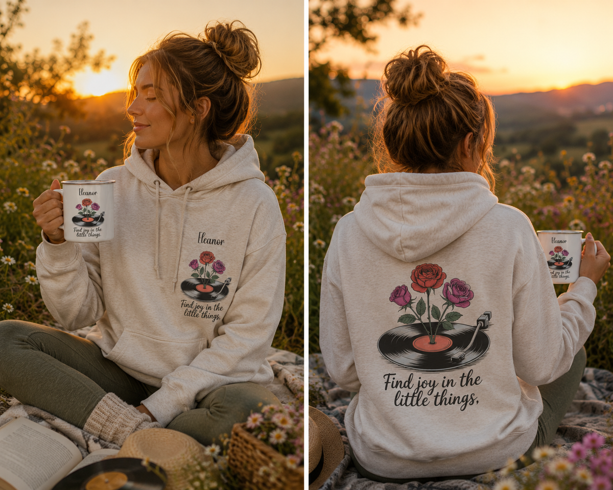 Woman wearing the personalized hoodie, front view with name on the chest and back view showing the design