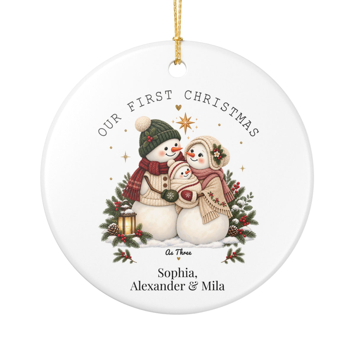 First Christmas as a family of three ornament close-up, round white ceramic with gold string