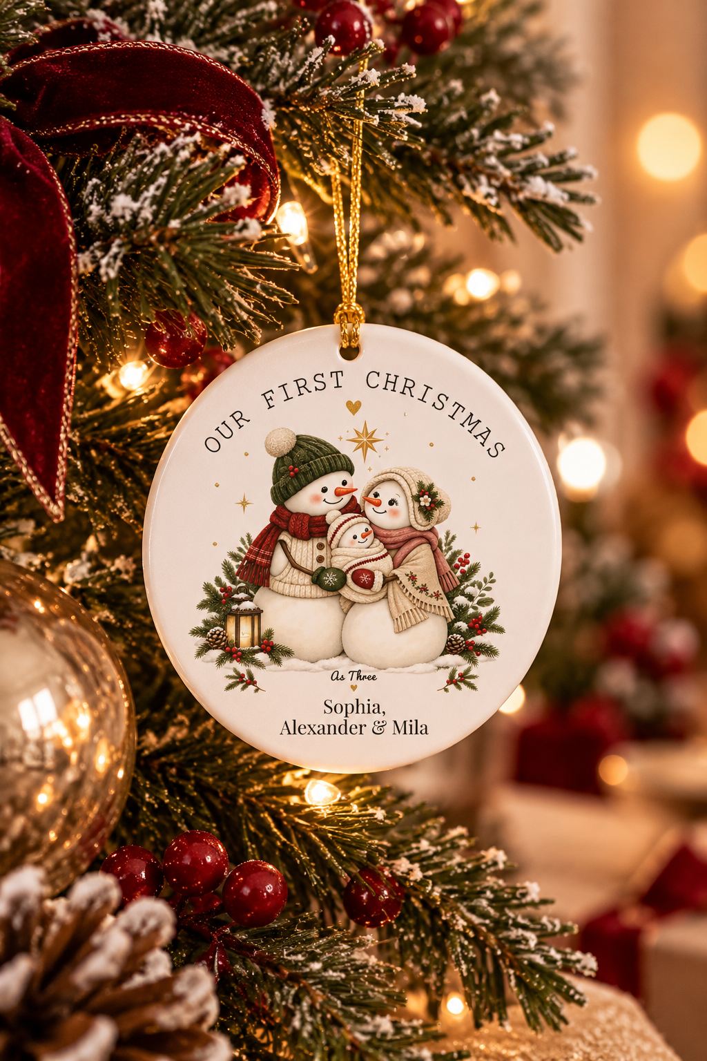 Personalized Our First Christmas as Three ornament on a decorated Christmas tree with red ribbon and warm lights, lifestyle photo