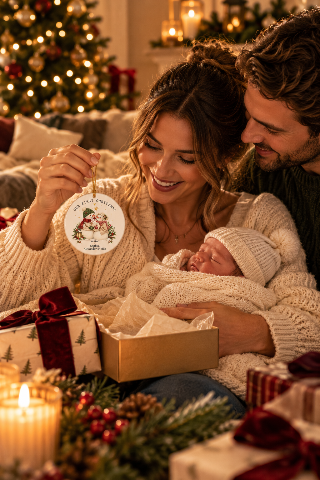 New parents with their newborn opening the Our First Christmas as Three ornament