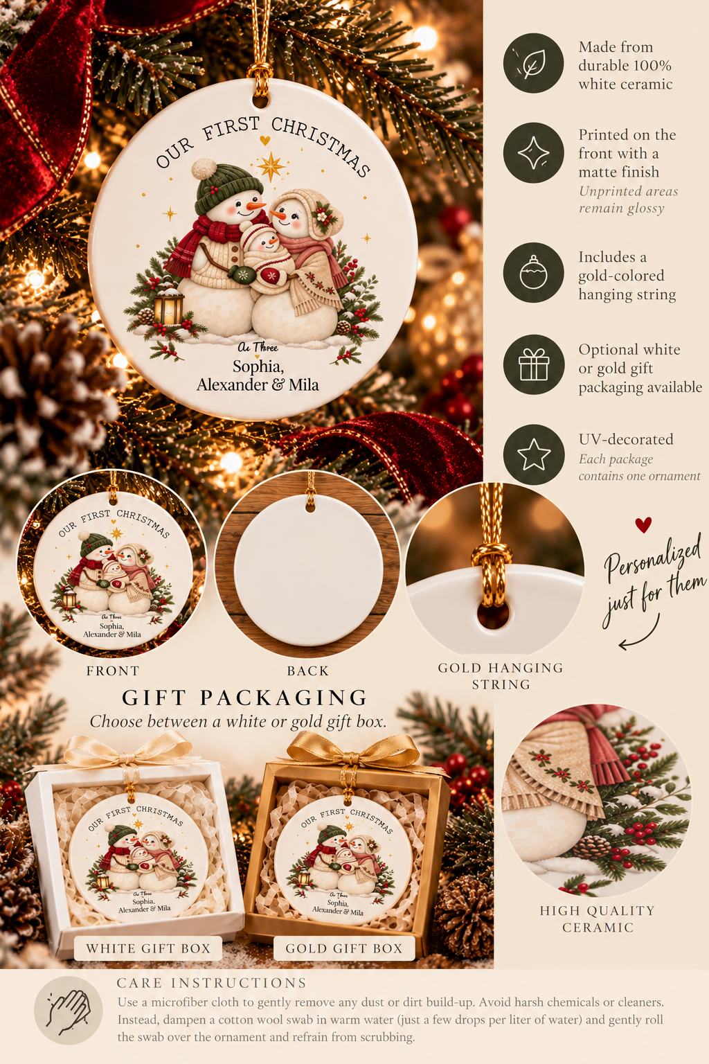 Personalized Our First Christmas as Three ornament infographic with features, gift packaging options and care instructions