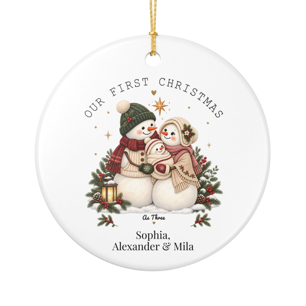 Personalized Our First Christmas as Three ornament with a snowman family holding their baby snowman, front view