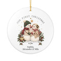 Personalized Our First Christmas as Three ornament with a snowman family holding their baby snowman, front view