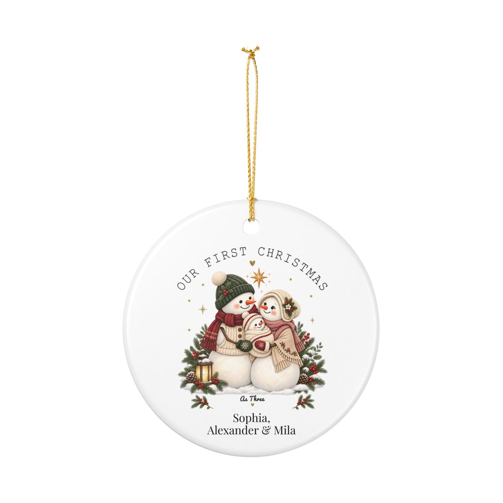 Personalized Our First Christmas as Three ornament hanging from its gold string