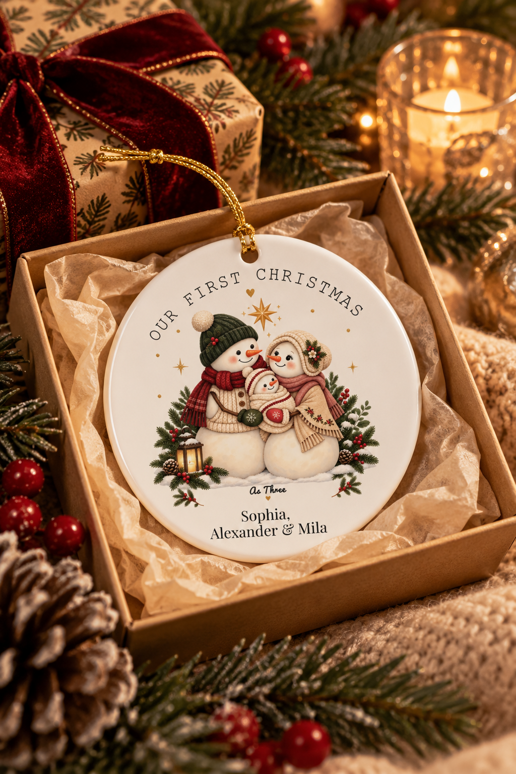Our First Christmas as Three ornament nestled in a kraft gift box with crinkle paper, ready to give
