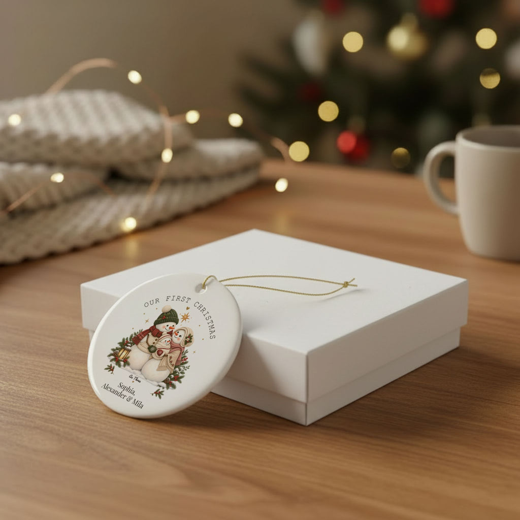Our First Christmas as Three ornament leaning against a white gift box on a wooden table