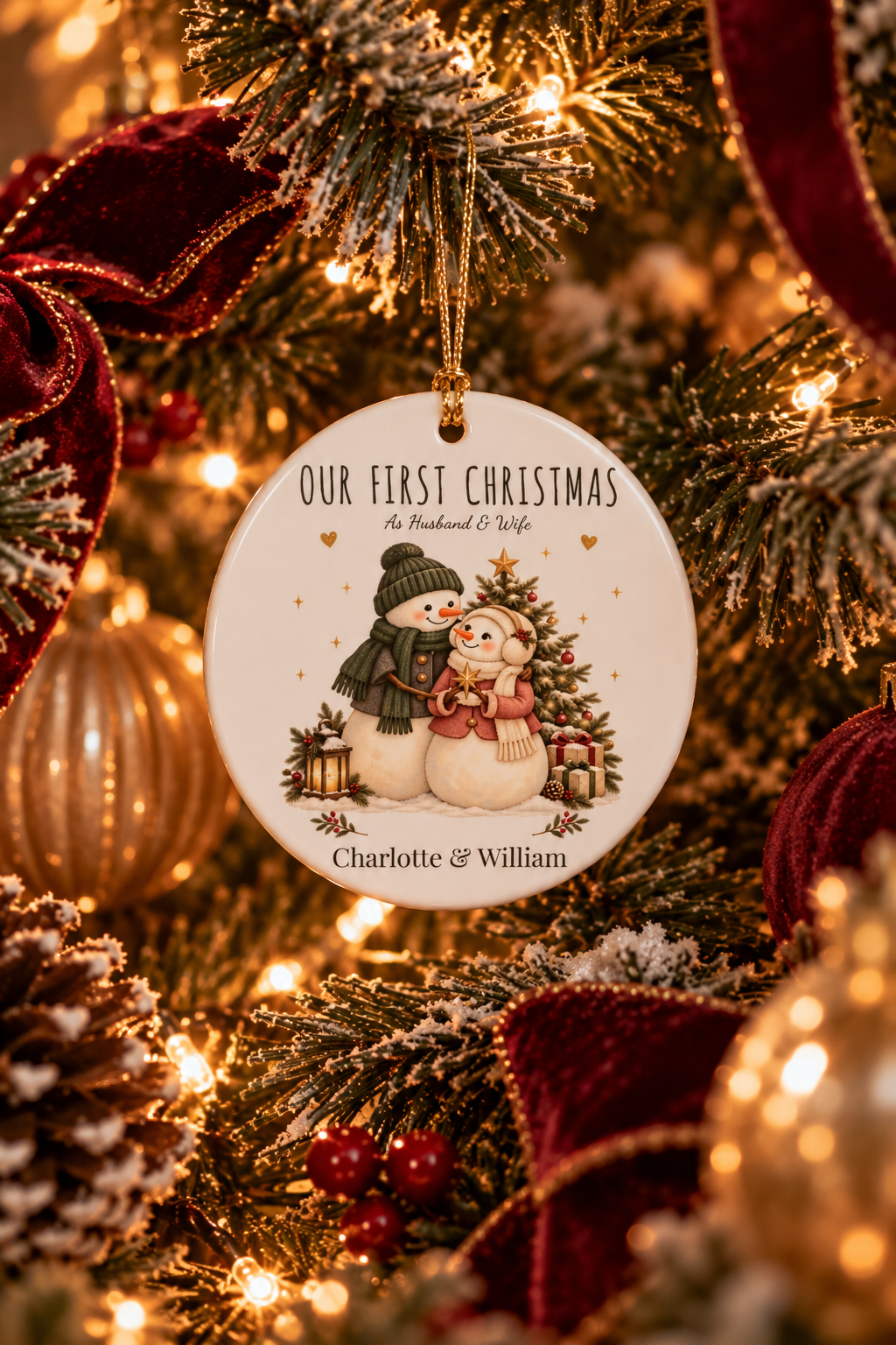 Personalized Our First Christmas as Husband & Wife ornament on a decorated Christmas tree with red ribbon and warm lights, lifestyle photo