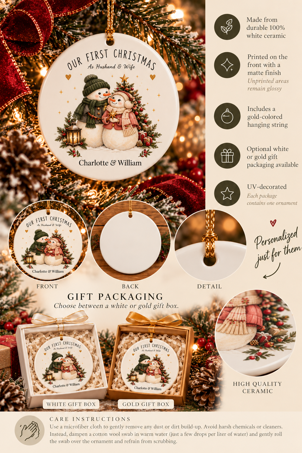 Personalized Our First Christmas as Husband & Wife ornament infographic with features, gift packaging options and care instructions