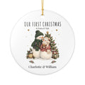 Personalized Our First Christmas as Husband & Wife ornament with a snowman couple decorating a Christmas tree with gold stars, front view