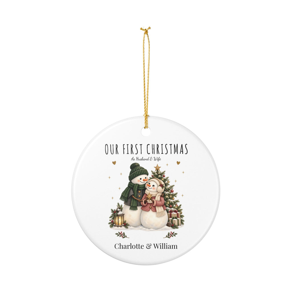 Personalized Our First Christmas as Husband & Wife ornament hanging from its gold string