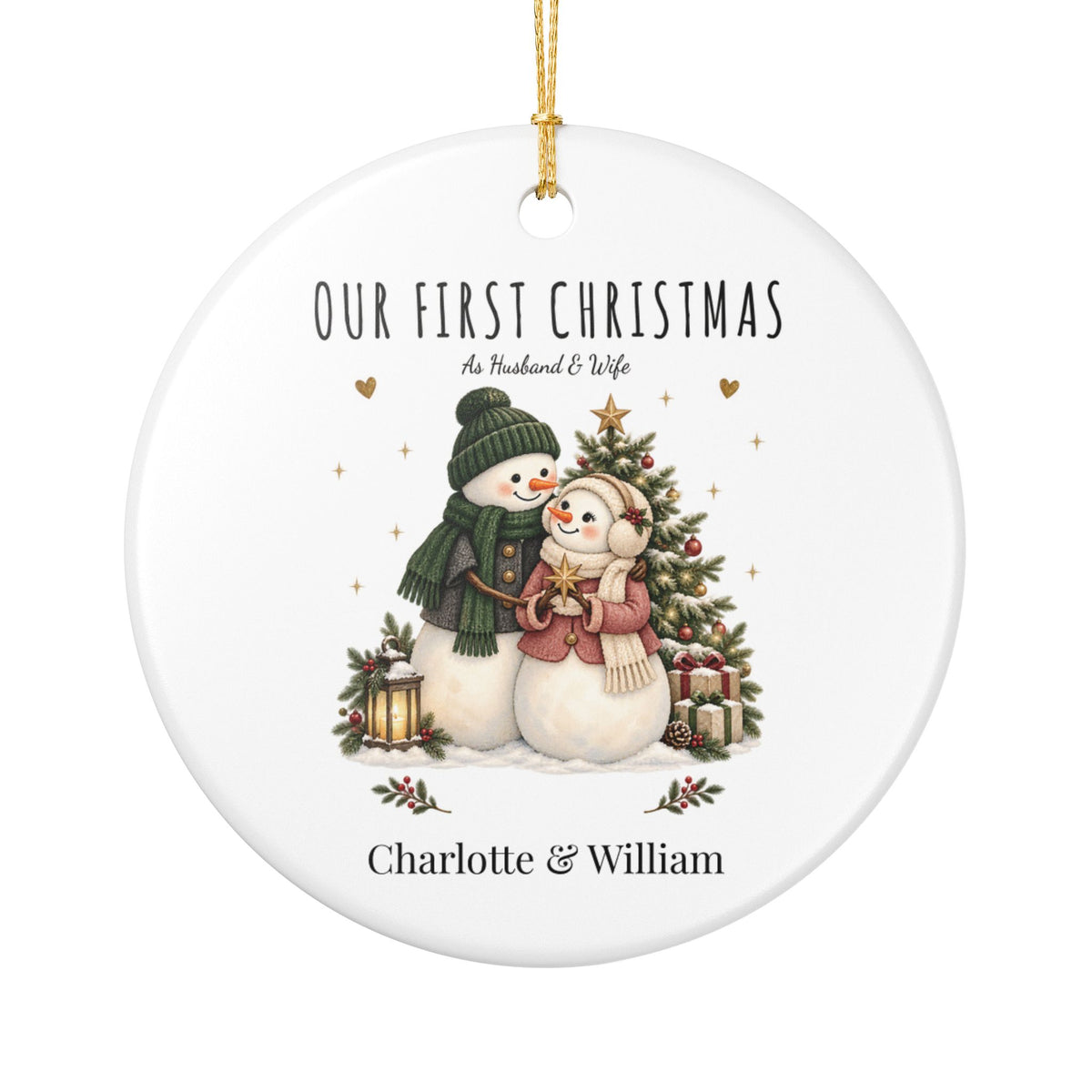 Our First Christmas as Husband & Wife ceramic Christmas ornament personalized with both first names under "As Husband & Wife"