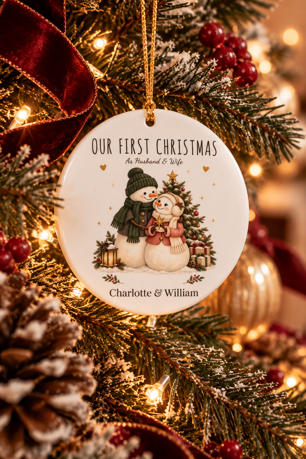 Our First Christmas as Husband & Wife ornament close-up among gold baubles and pine on a festive Christmas tree