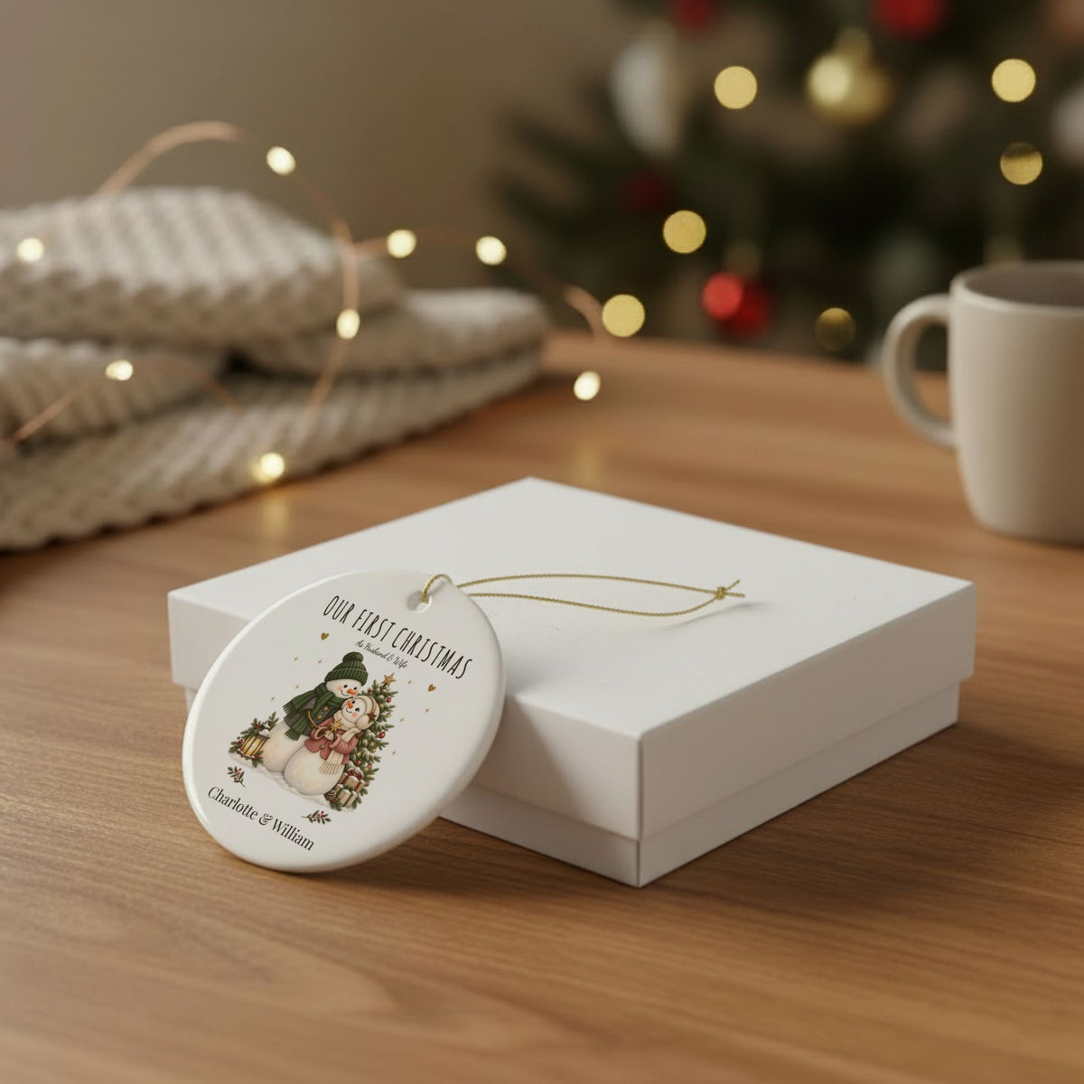 Our First Christmas as Husband & Wife ornament leaning against a white gift box on a wooden table