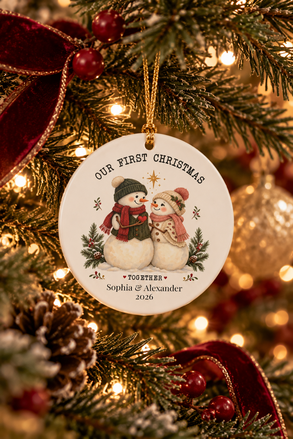 Personalized Our First Christmas Together ornament on a decorated Christmas tree with red ribbon and warm lights, lifestyle photo