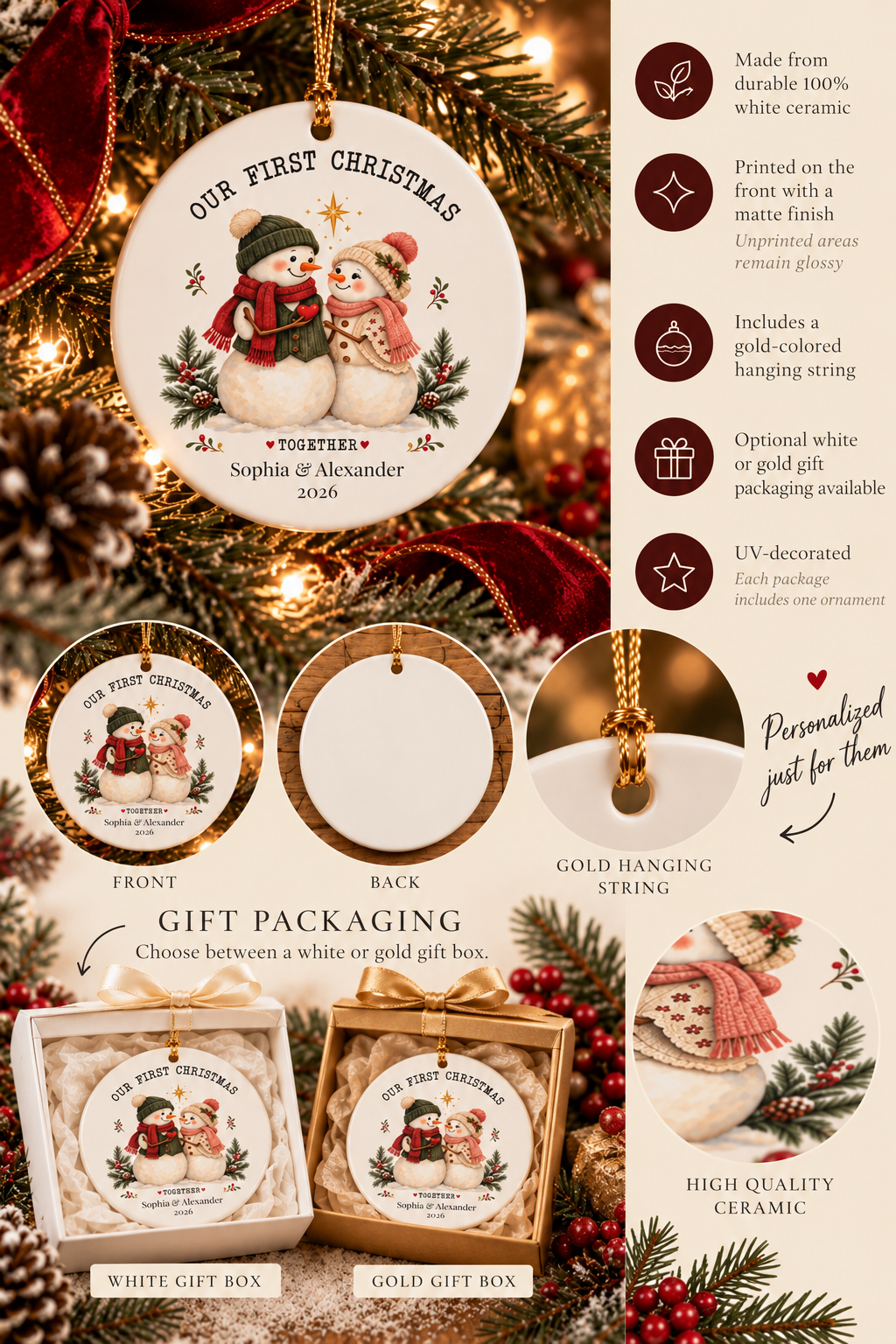 Personalized Our First Christmas Together ornament infographic with features, gift packaging options and care instructions