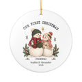 Personalized Our First Christmas Together ornament with two snowmen cuddling among winter greenery, front view