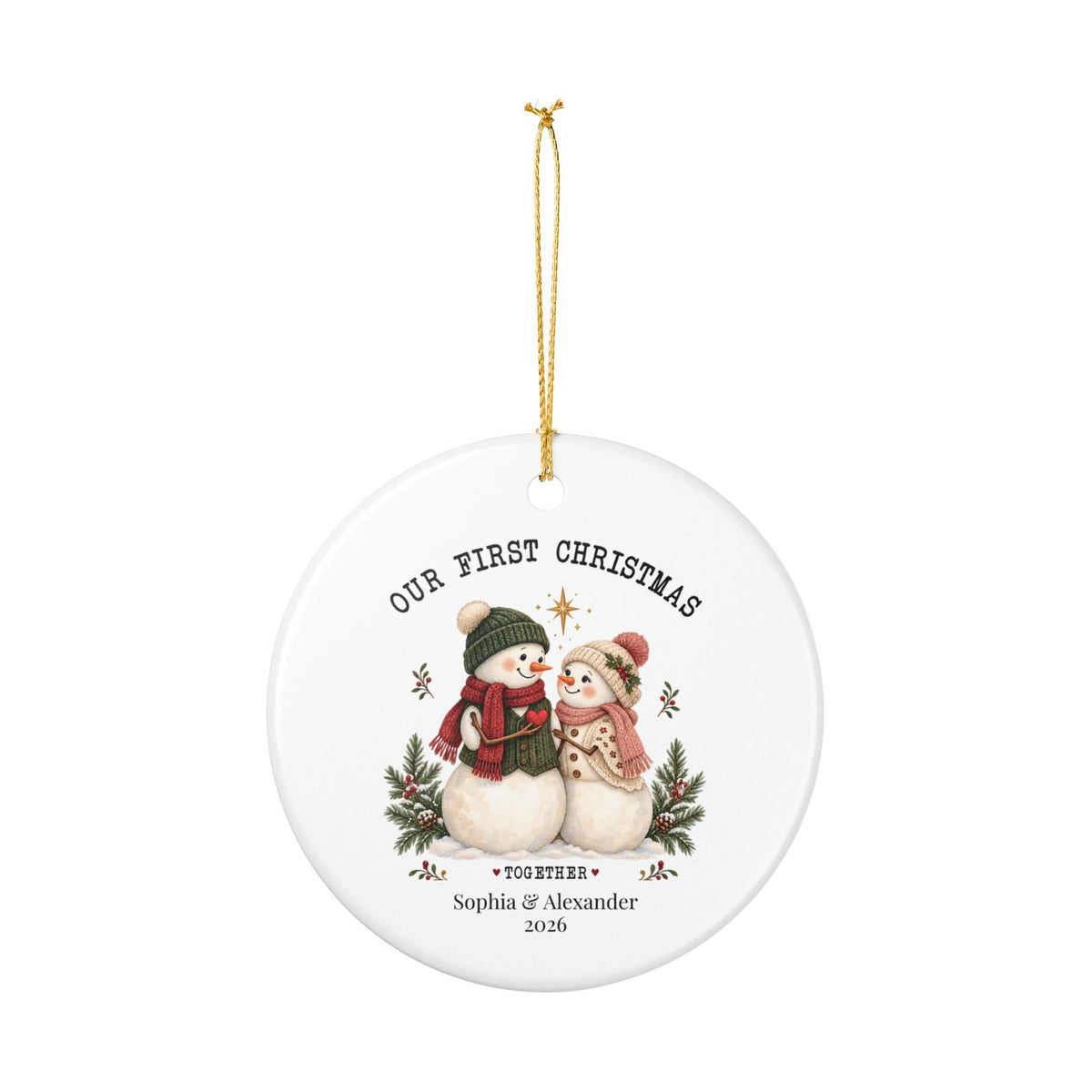 Personalized Our First Christmas Together ornament hanging from its gold string