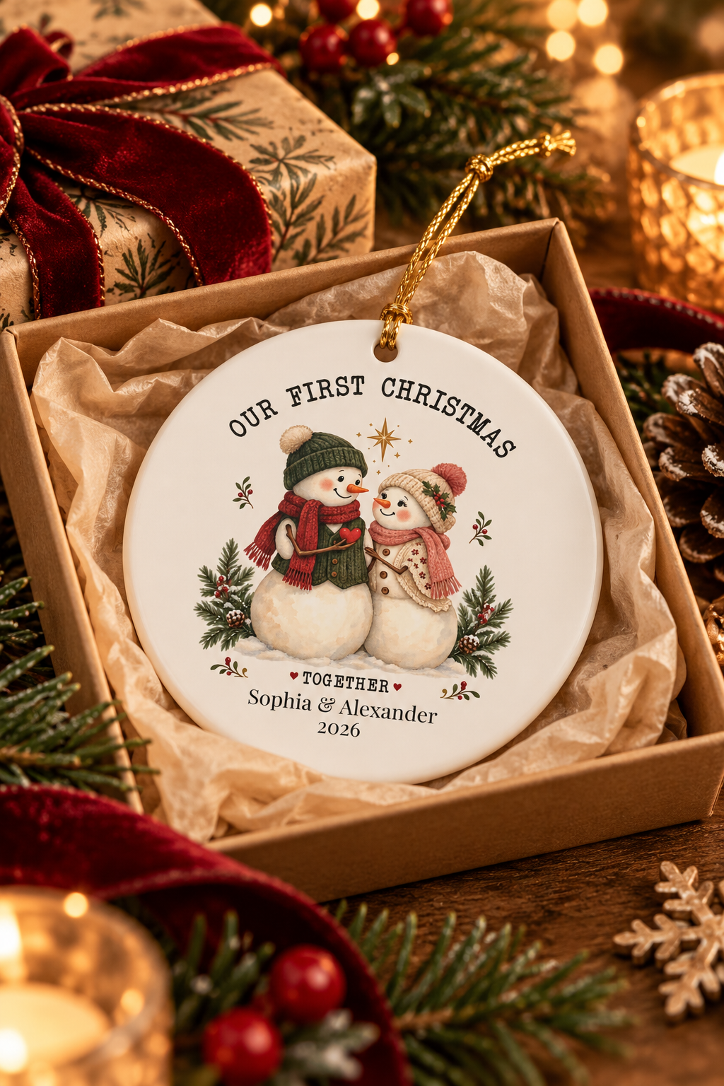Our First Christmas Together ornament nestled in a kraft gift box with crinkle paper, ready to give