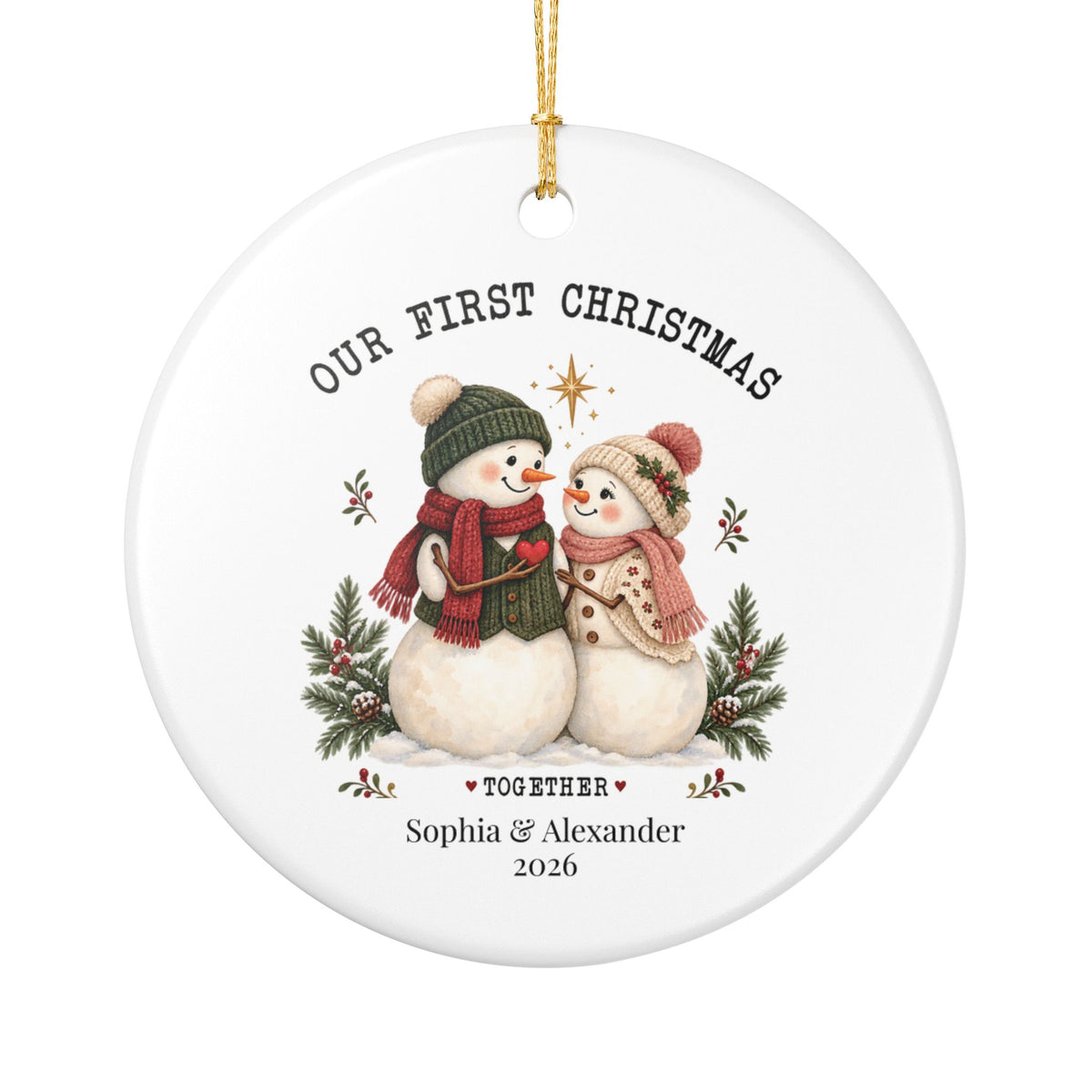 Our First Christmas Together ceramic Christmas ornament personalized with "Together", both names and the year