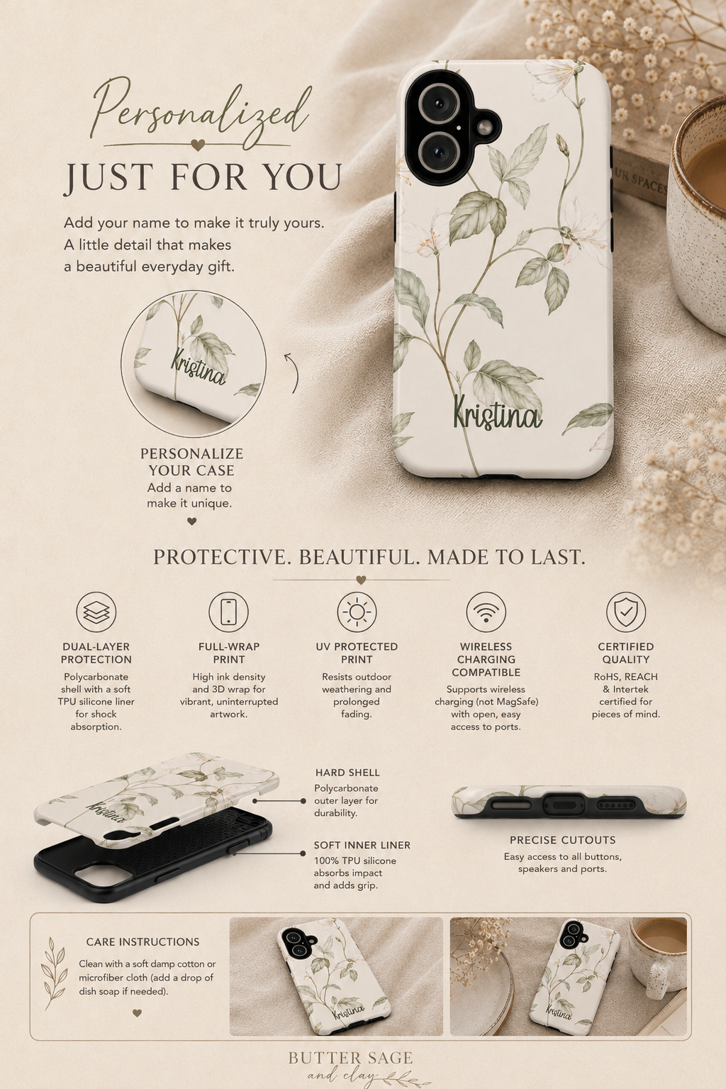 Personalized floral bird phone case customization info graphic