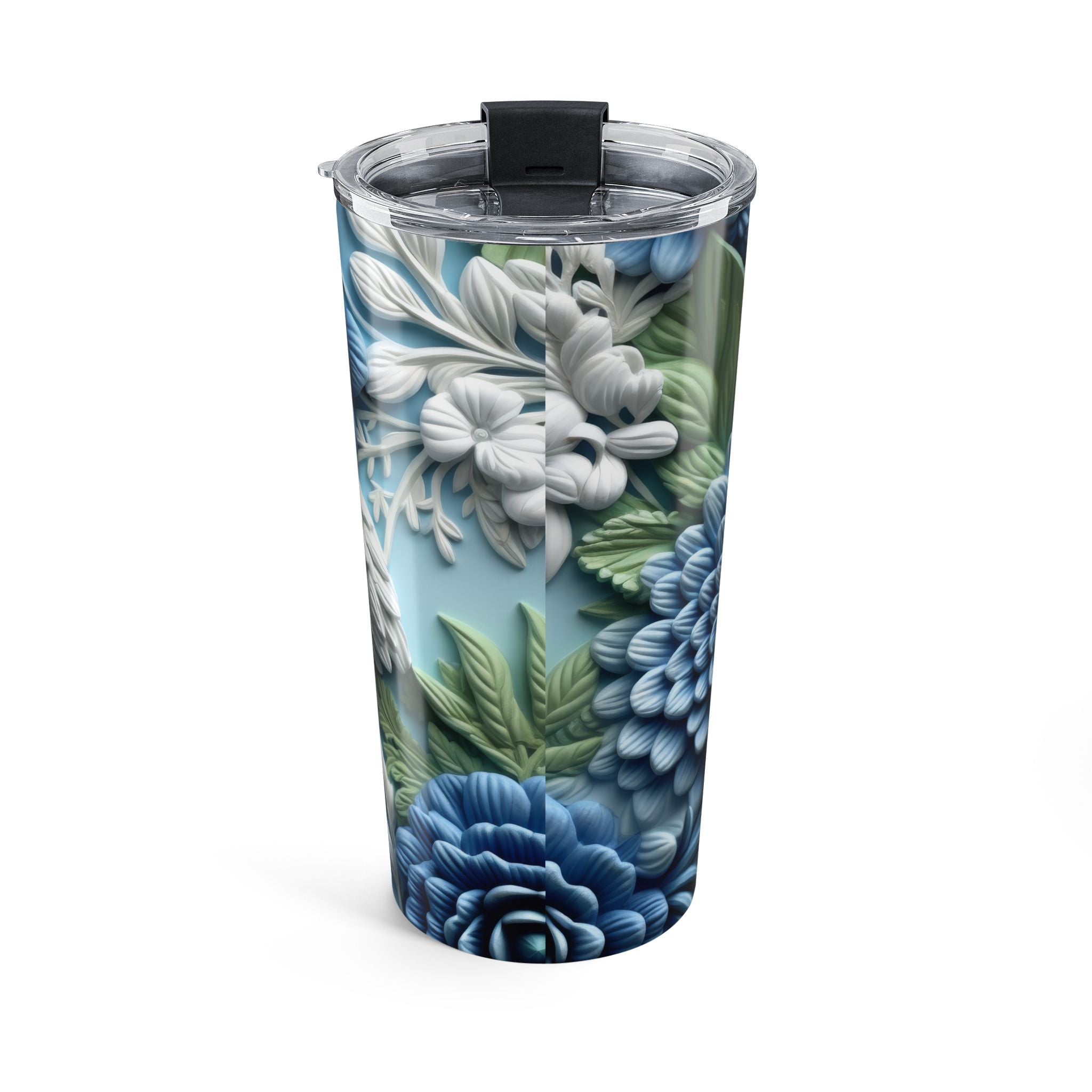 Close-up of the clear push-on lid and glossy floral finish on the 20oz insulated tumbler