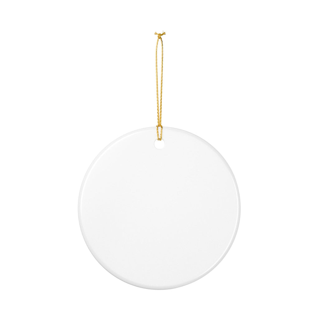 Plain glossy back of the ceramic ornament hanging from its gold string
