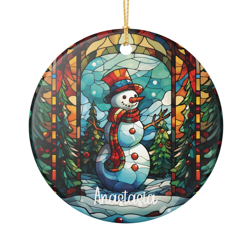 Personalized Christmas Forest Stained Glass Snowman ornament with a snowman in a snowy pine forest in stained-glass mosaic, front view