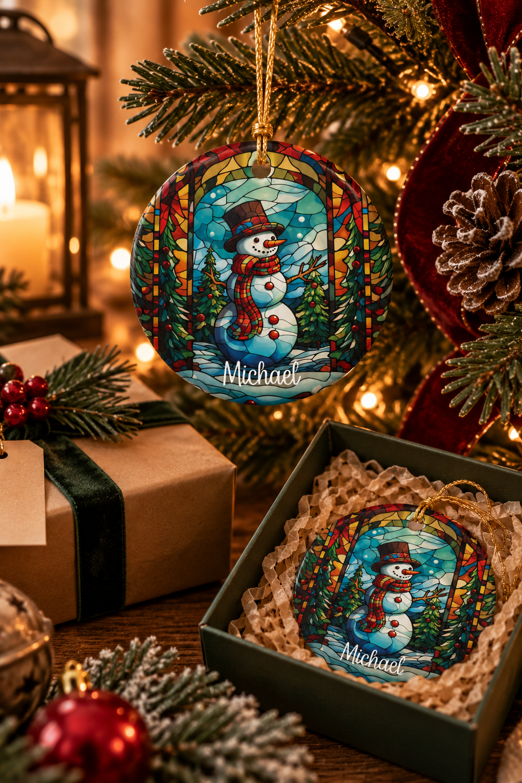 Christmas Forest Stained Glass Snowman ornament in its gift box with red ribbon and pine, gift-ready