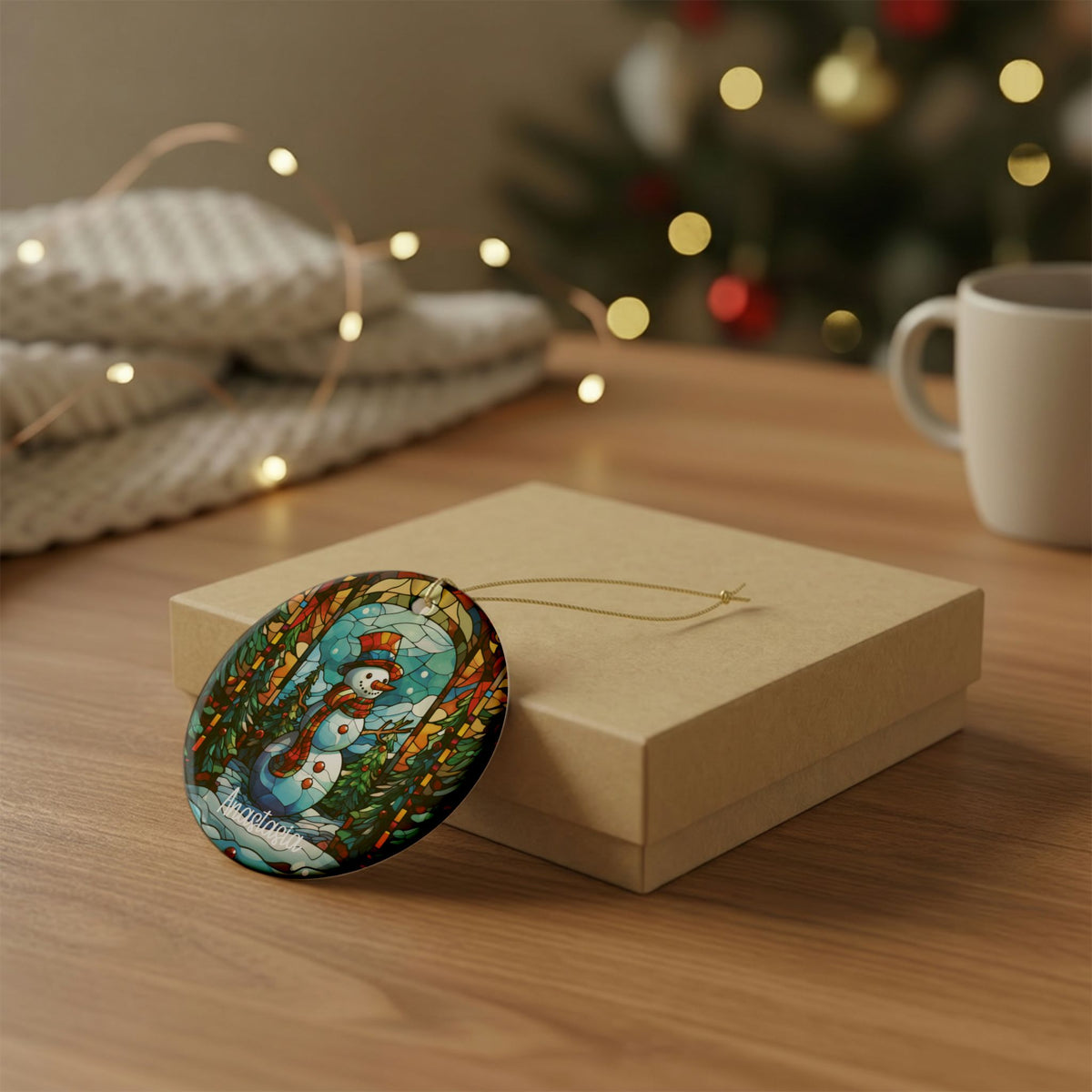 Personalized forest stained glass snowman ornament resting on a kraft gift box beside a mug and knit throw