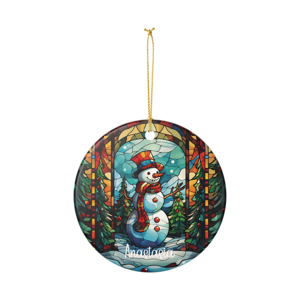 Personalized Christmas Forest Stained Glass Snowman ornament hanging from its gold string