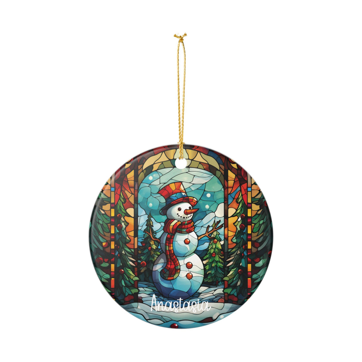Personalized Christmas Forest Stained Glass Snowman ornament hanging from its gold string