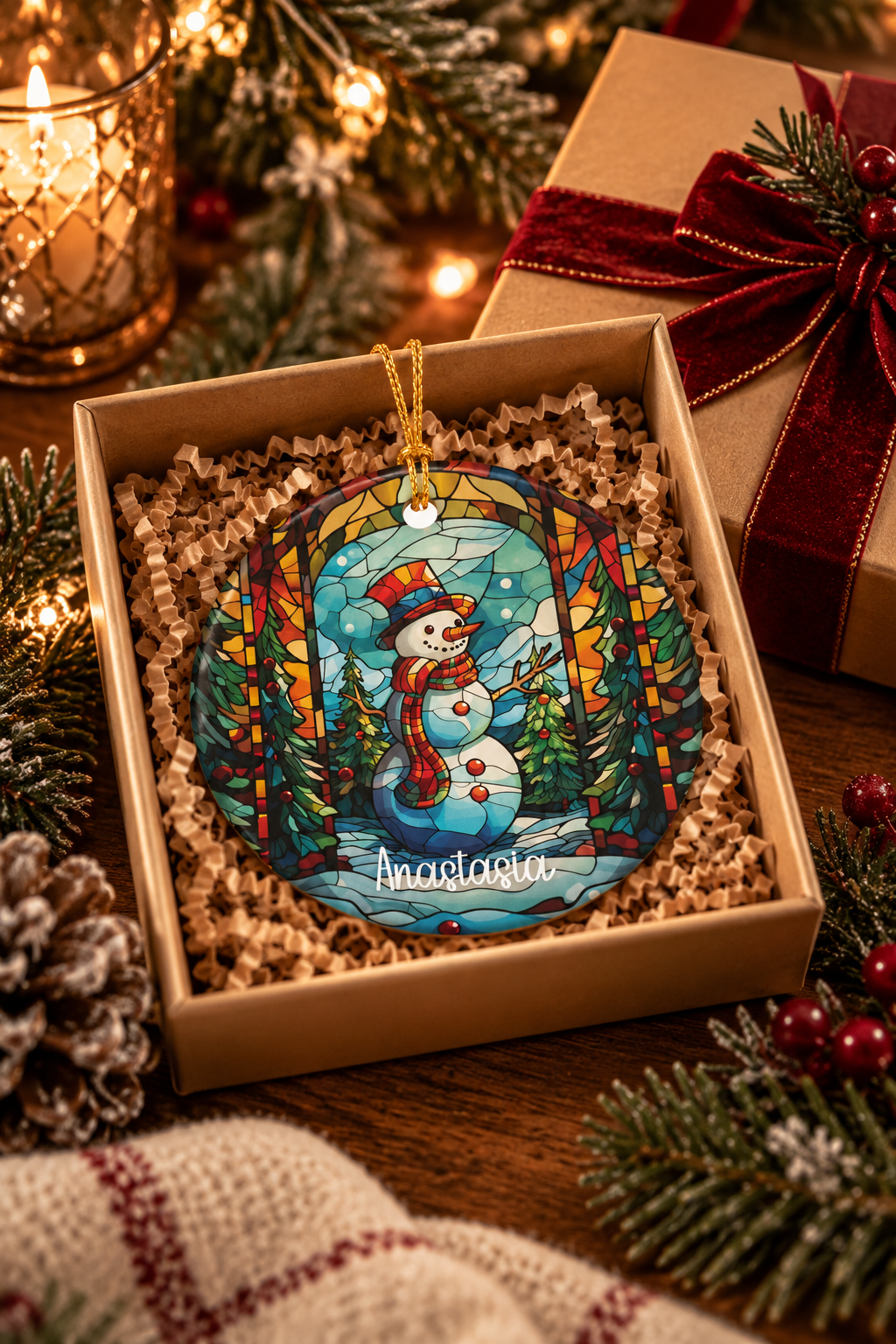 Christmas Forest Stained Glass Snowman ornament nestled in a kraft gift box with crinkle paper, ready to give