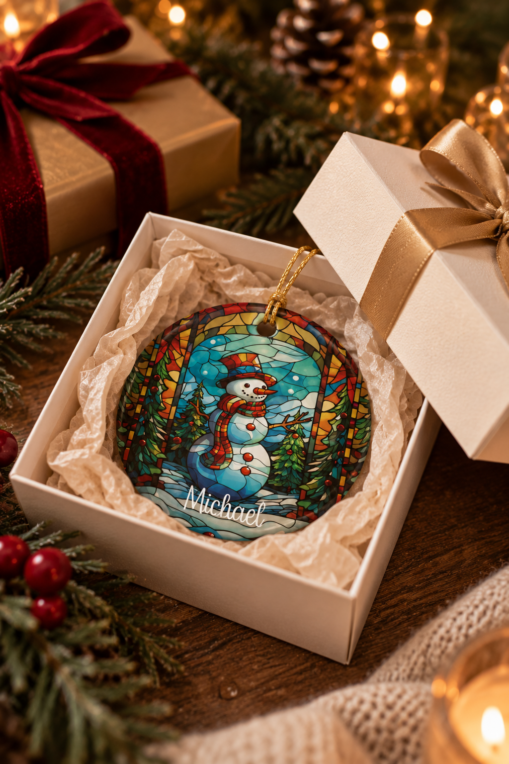 Personalized forest stained glass snowman ornament in an open gift box under the Christmas tree