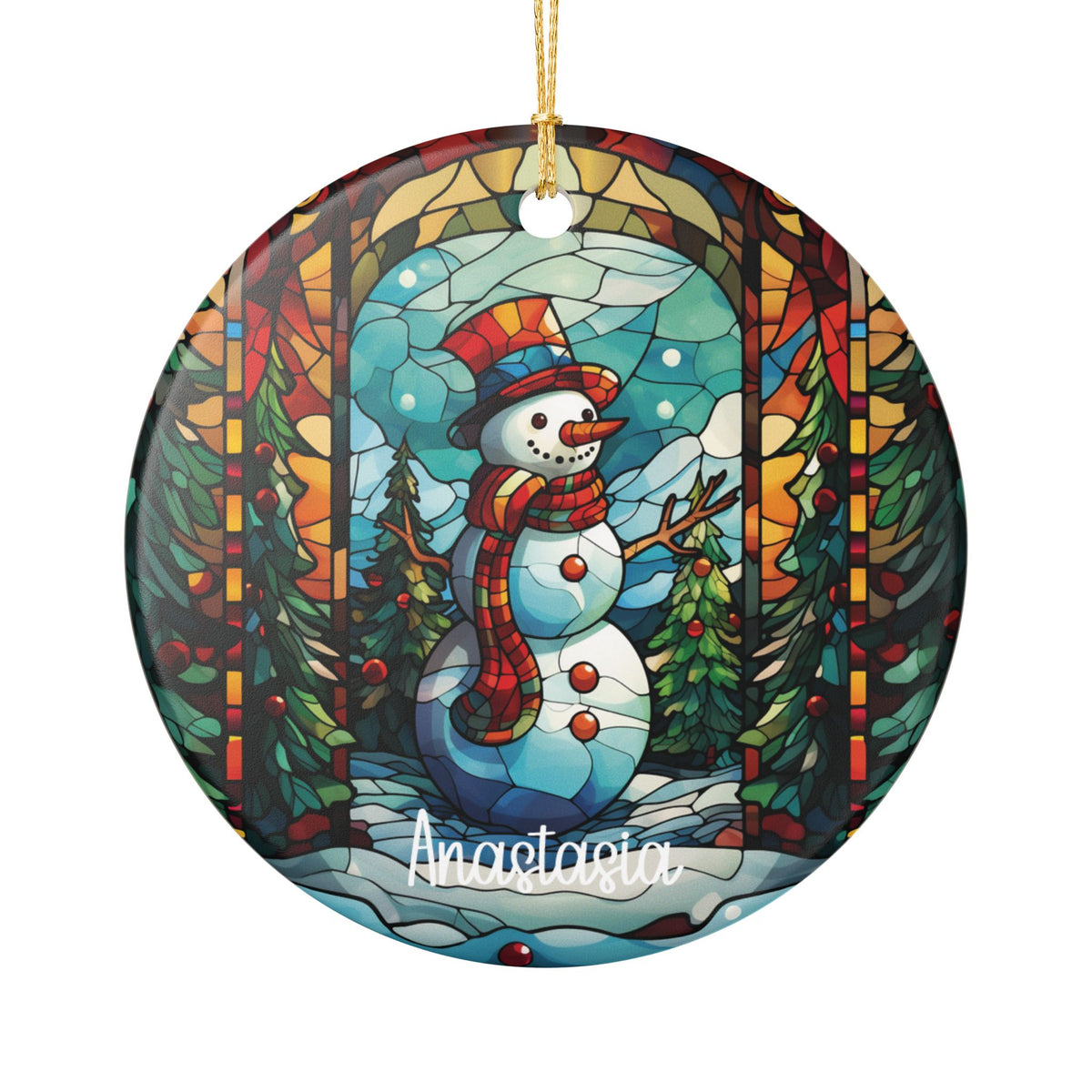 Christmas Forest Stained Glass Snowman ceramic Christmas ornament personalized with a name in white script