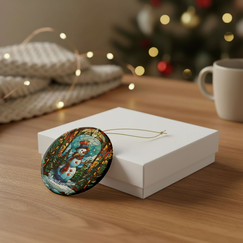 Christmas Forest Stained Glass Snowman ornament leaning against a white gift box on a wooden table