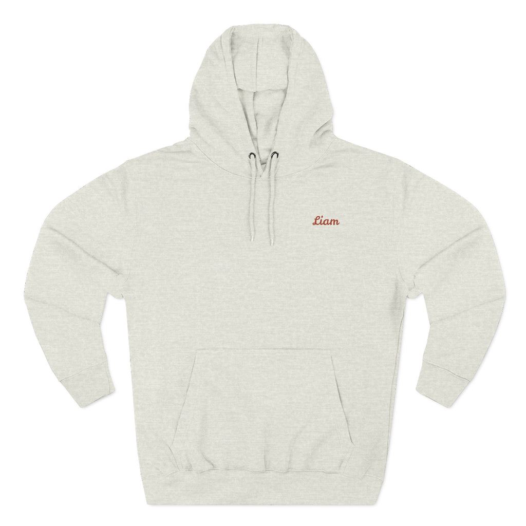 Front view of oatmeal heather personalized hoodie printed with "Got You a Reel Cool Dad" and embroidered with "Liam". Name is customizable. Special gift for him.