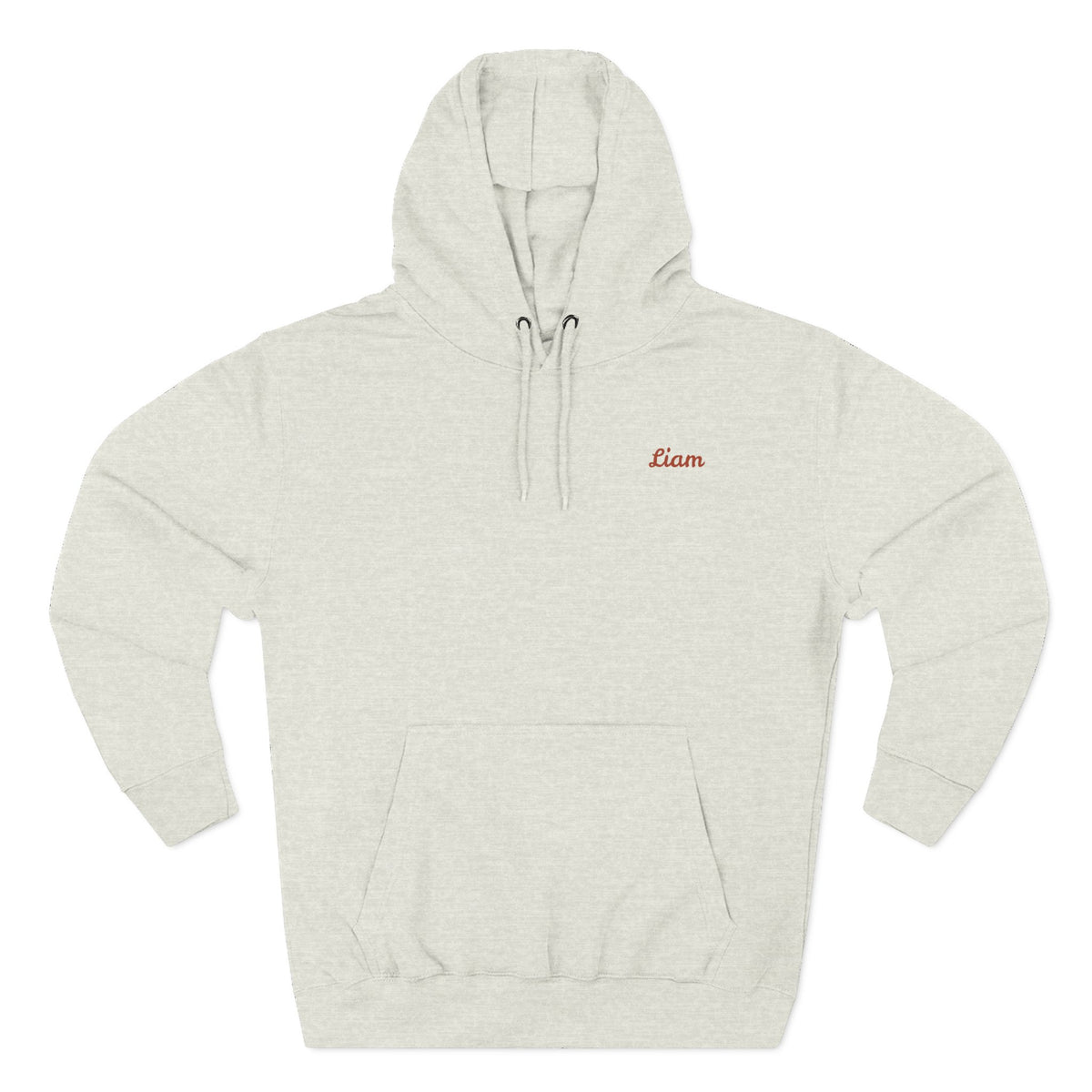 Front view of oatmeal heather personalized hoodie printed with "Got You a Reel Cool Dad" and embroidered with "Liam". Name is customizable. Special gift for him.