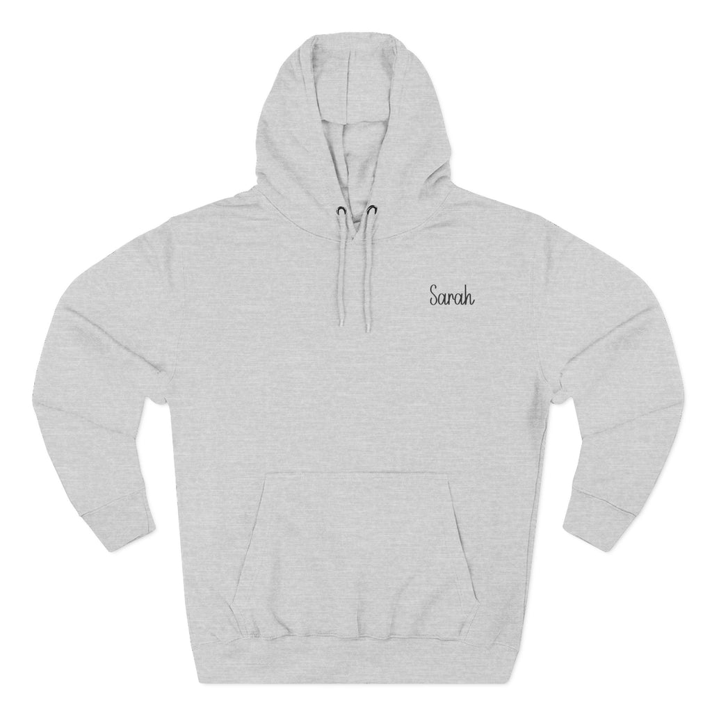 Front view of the heather grey coloured personalized hoodie printed with "Blessed Mom" and embroidered with "Sarah" For mom.