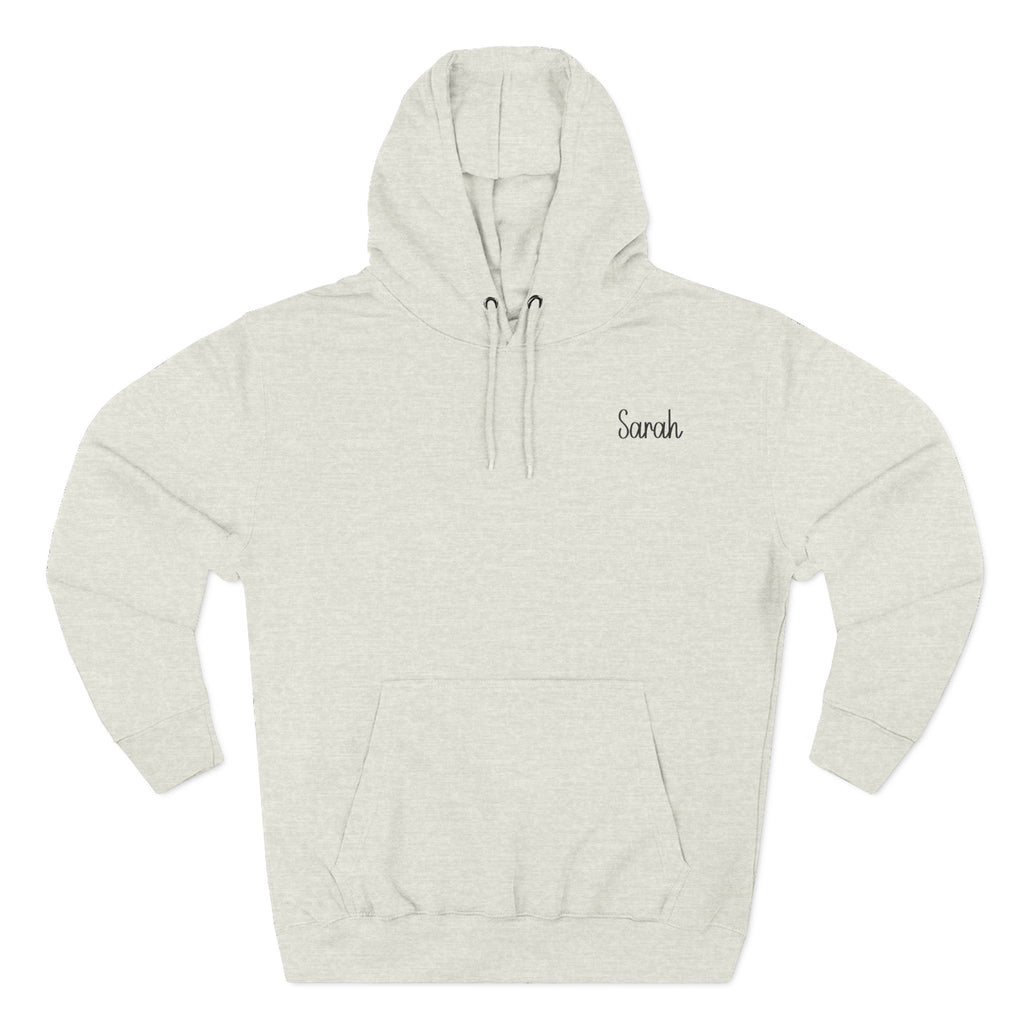 Front view of the oatmeal heather coloured personalized hoodie printed with "Blessed Mom" and embroidered with "Sarah" For mom.