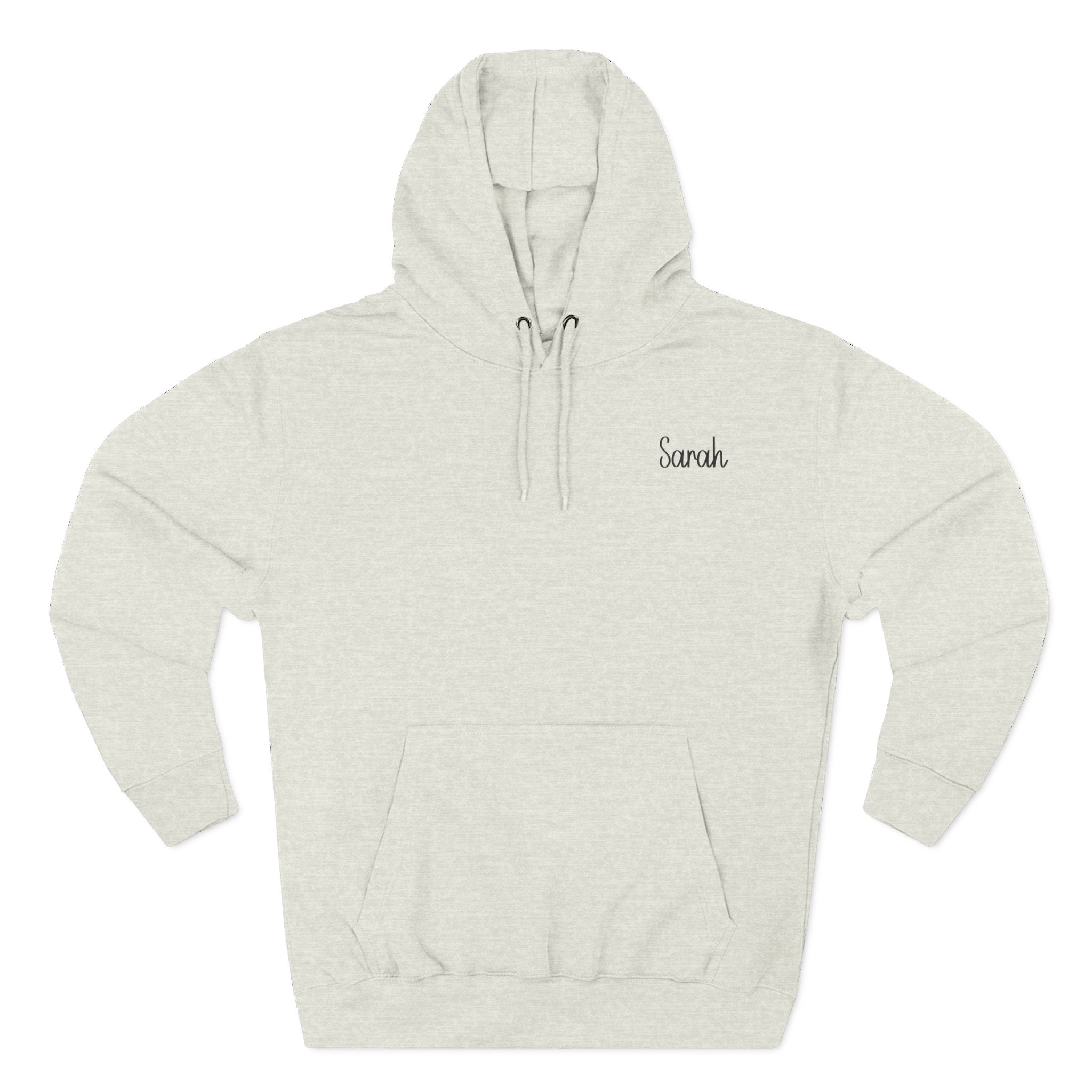 Front view of the oatmeal heather coloured personalized hoodie printed with "Blessed Mom" and embroidered with "Sarah" For mom.
