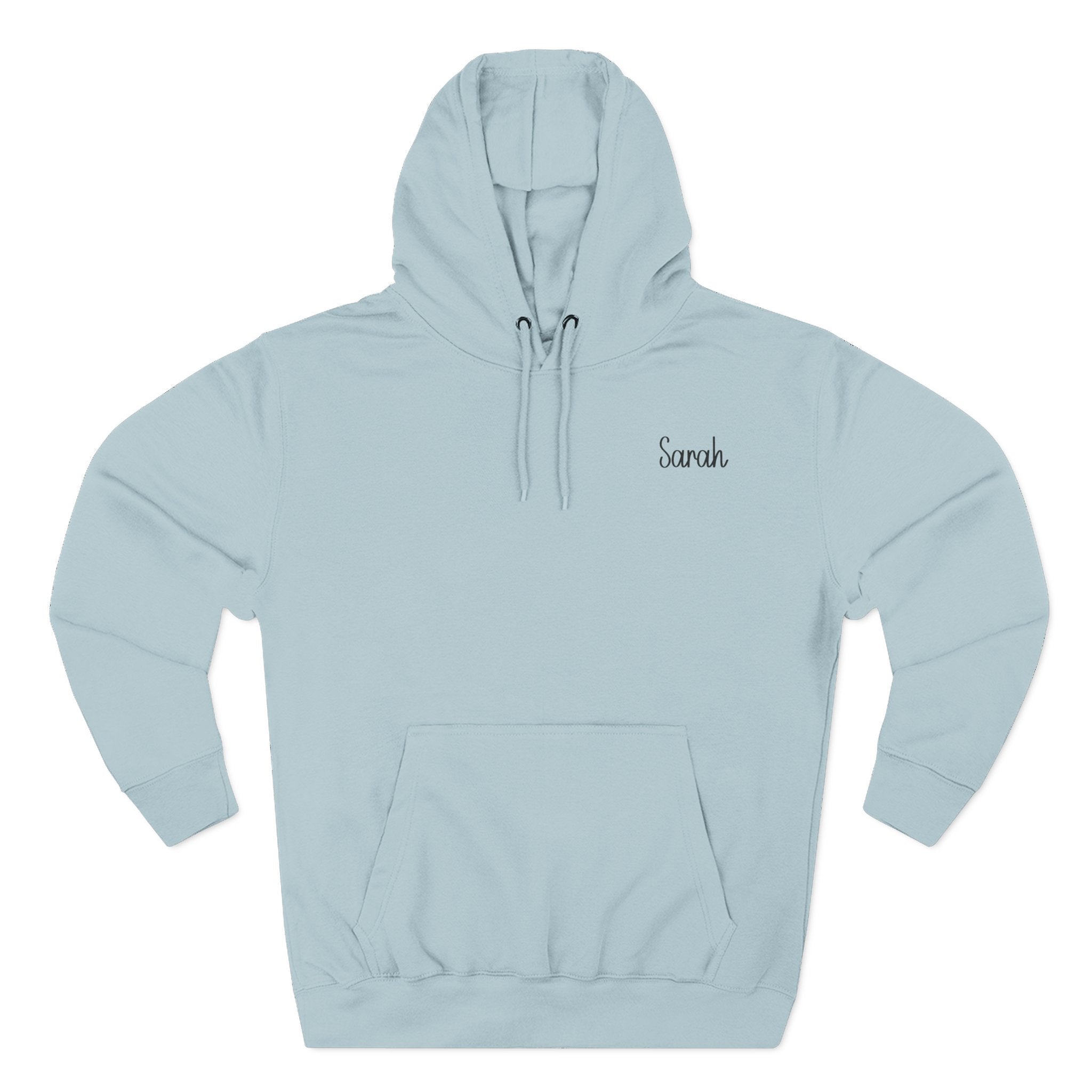 Front view of the blue mist coloured personalized hoodie printed with "Blessed Mom" and embroidered with "Sarah" For mom.