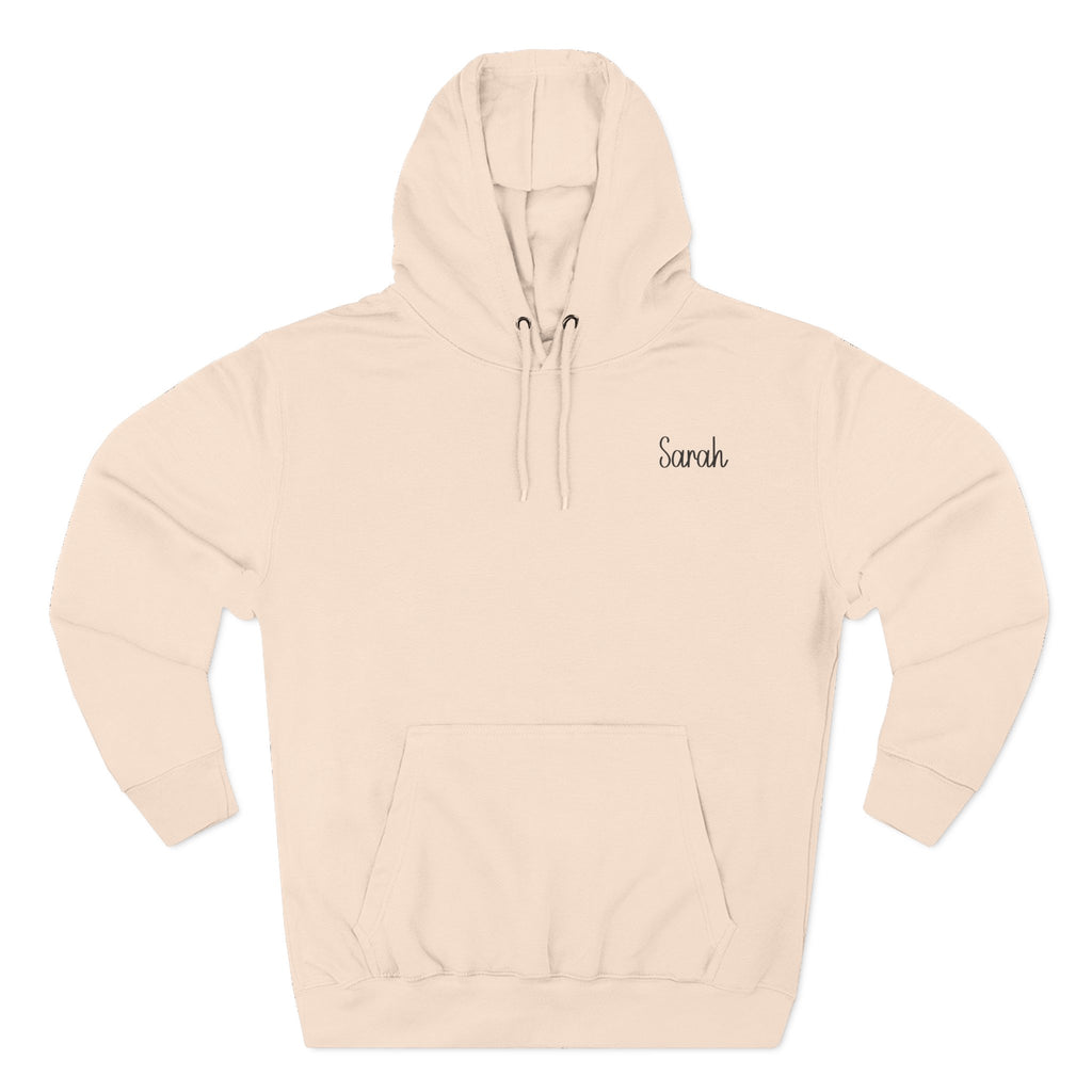 Front view of the pale pink coloured personalized hoodie printed with "Blessed Mom" and embroidered with "Sarah" For mom.